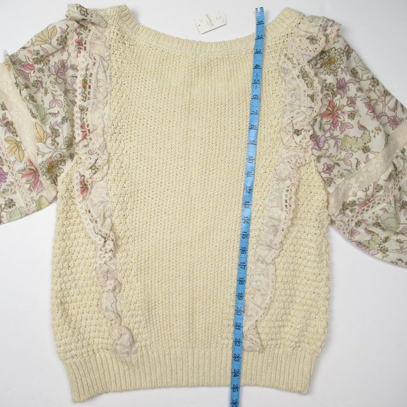 By Anthropologie Floral Printed-Sleeve Ruffle Sweater Cream - Large - Picture 6 of 12
